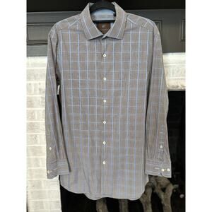 Tattersall London Mens 16 32/33 Long Sleeve Shirt Blue Brown Checkered Button Up